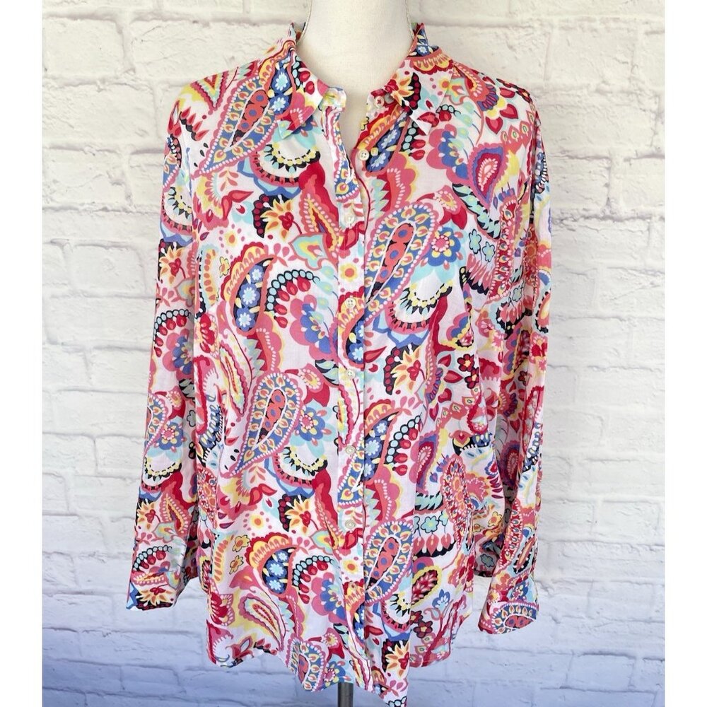 Talbots Women's Roll-Tab 100% Cotton Shirt Colorful Floral Paisley Print Size XL